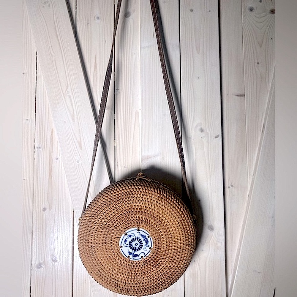 Bali Blue resort purse - coastal crossbody natural woven round + white blue tile